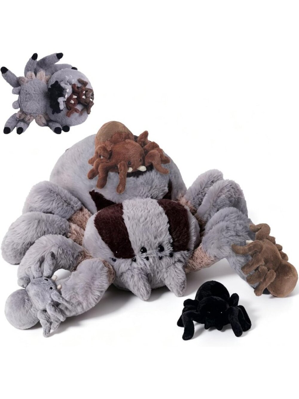 14" Plush Spider Toy with 4 Baby Spiders in Zippered Belly - Cute & Cuddly!